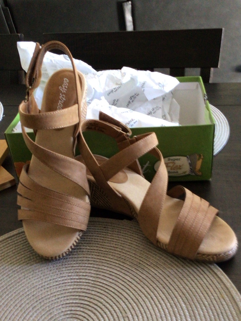 easy street Tan Multi-Strap Women's Wedge Sandals 9 1/2 W - Picture 2 of 7